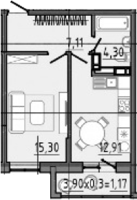 Планировка 43.29 м²