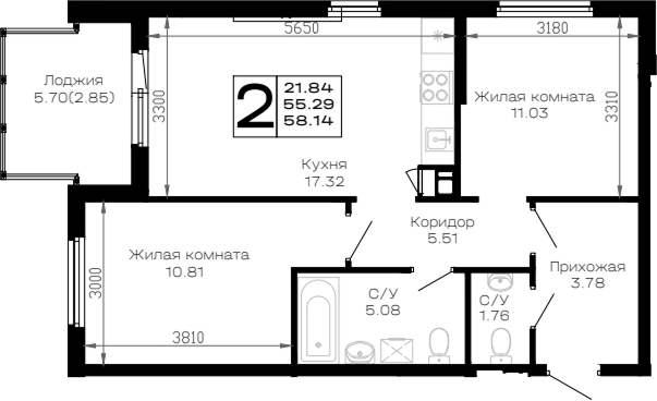 Продается 2-комн. квартира, 55.29 м²