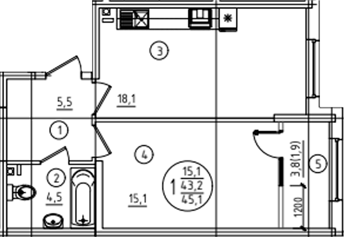 Продается 1-комн. квартира, 43.2 м²