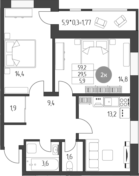 Продается 2-комн. квартира, 59.2 м²
