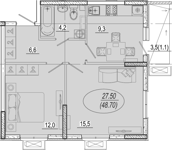 Планировка 47.6 м²