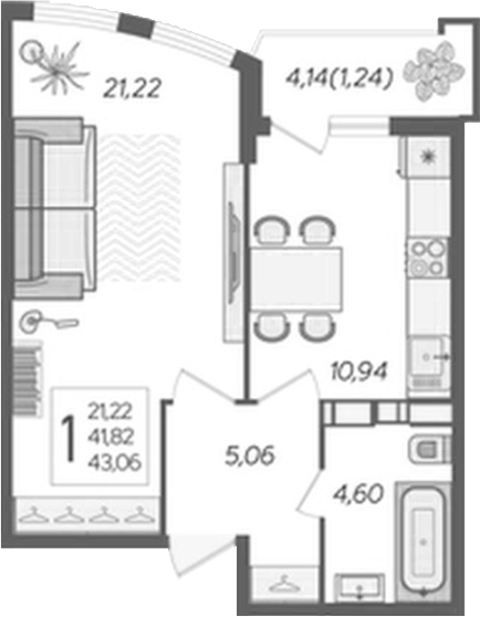 Планировка 44.73 м²