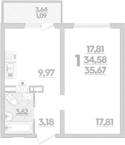Планировка 34.58 м²