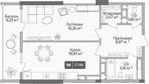 Продается 1-комн. квартира, 55.39 м²
