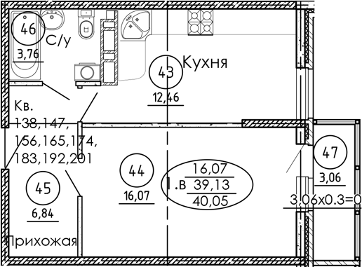 1-комн. · 39.13 м²