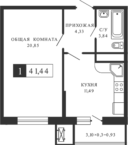 Планировка 41.03 м²