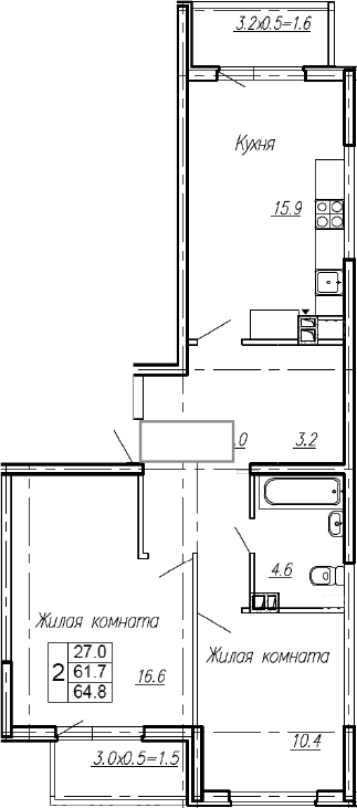 Продается 2-комн. квартира, 61.7 м²