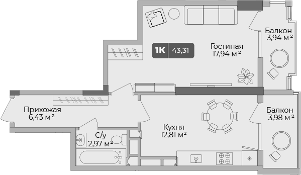 1-комн., 40.94 м²