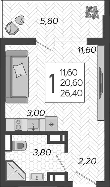 Студия, 20.6 м²