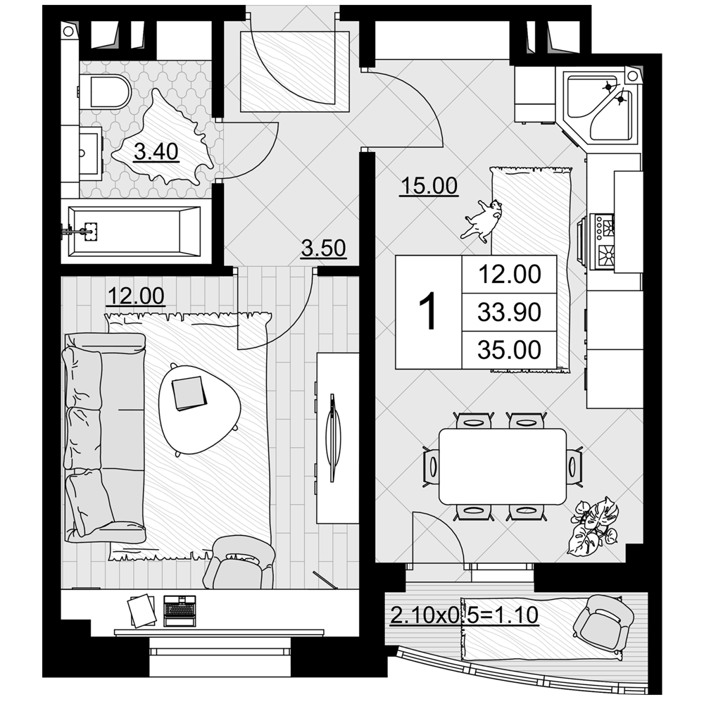 Планировка 33.9 м²