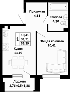 Планировка 31.91 м²