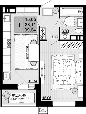 Планировка 38.11 м²