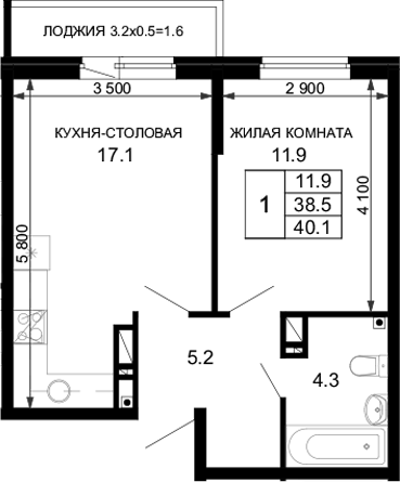 Планировка 38.5 м²