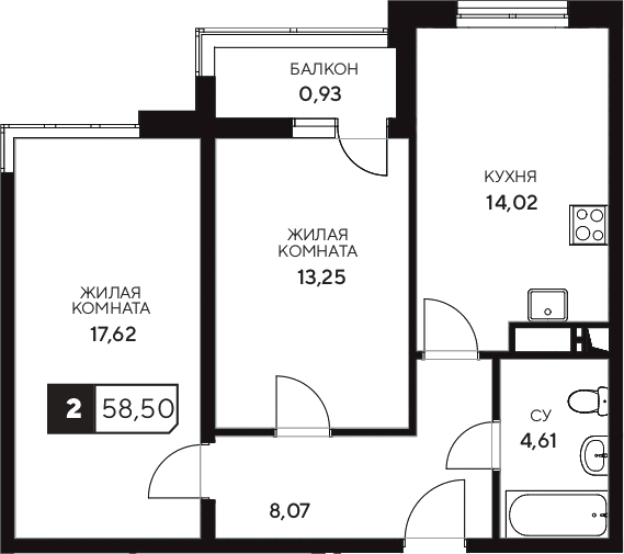 Продается 2-комн. квартира, 57.57 м²