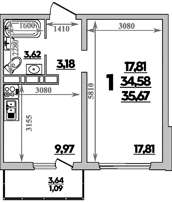 1-комн. квартира, 34.58 м² в ЖК Романовский