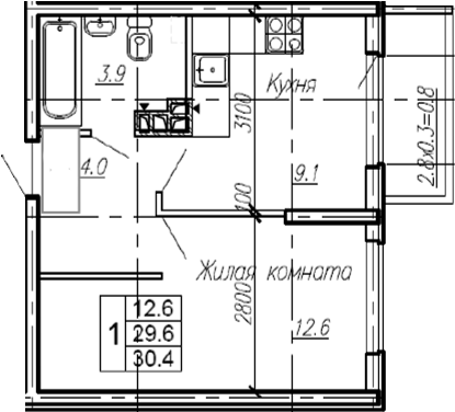 Планировка 29.6 м²