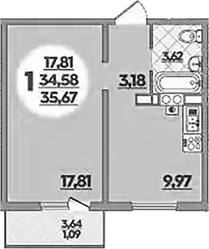 Планировка 34.58 м²