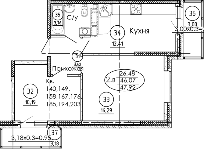 Планировка 46.07 м²