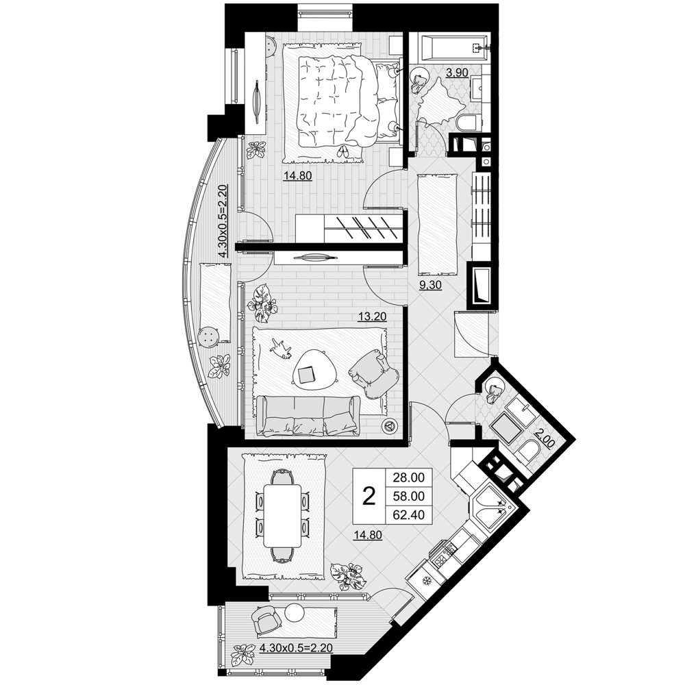 Продается 2-комн. квартира, 58 м²