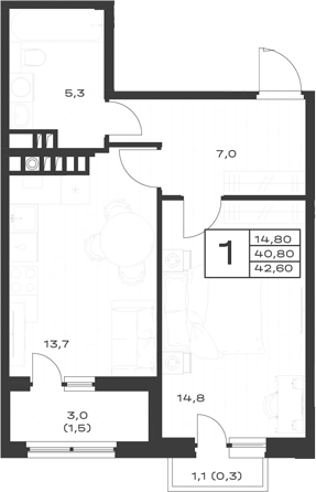 Продается 1-комн. квартира, 40.8 м²