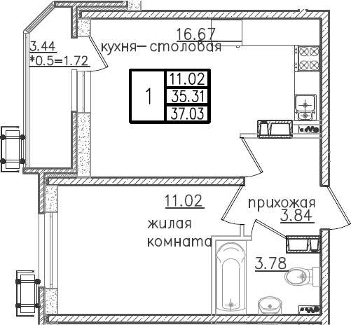 Планировка 35.31 м²