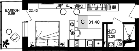 Студия · 25.71 м²