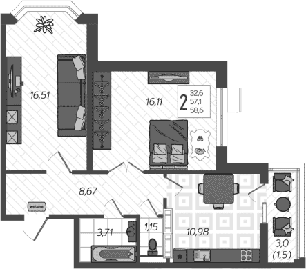 Продается 2-комн. квартира, 57.1 м²