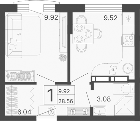 1-комн. · 28.56 м²