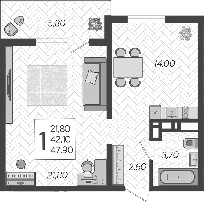 Планировка 42.1 м²