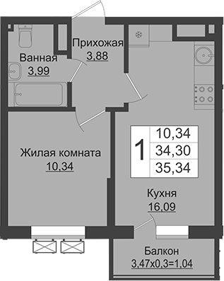 Планировка 34.3 м²