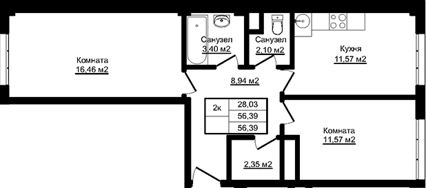 Планировка 56.39 м²