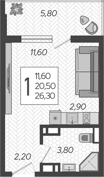 Студия, 20.5 м²