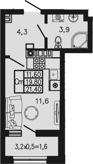 Студия, 19.8 м²