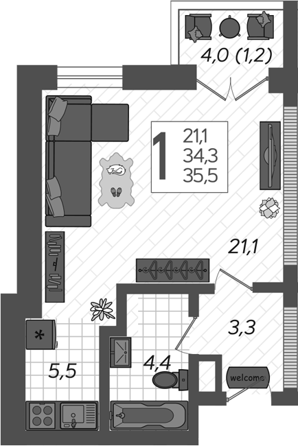 Продается 1-комн. квартира, 34.3 м²