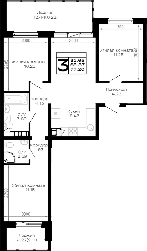 Продается 3-комн. квартира, 68.87 м²
