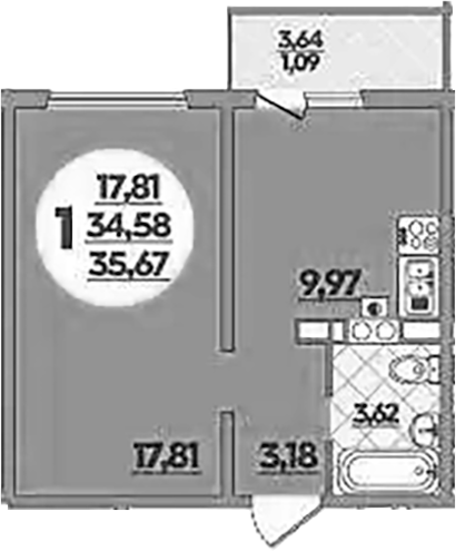 1-комн. квартира, 34.58 м² в ЖК Тихорецк