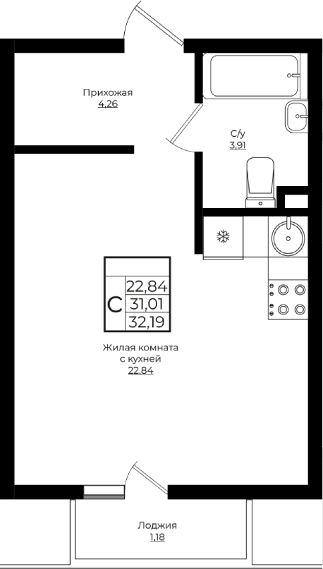 Продается 1-комн. квартира, 31.01 м²