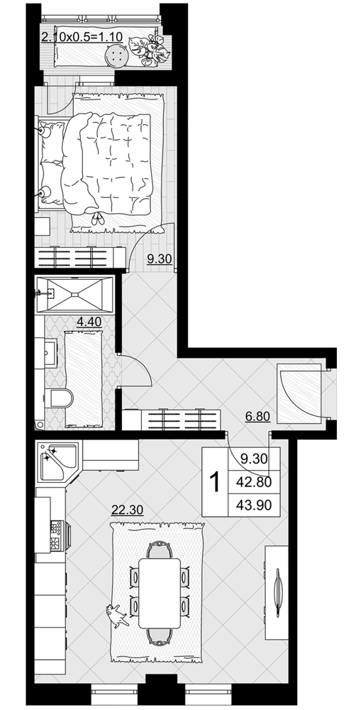 Планировка 42.8 м²