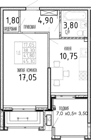 1-комн. · 38.3 м²