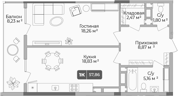 Продается 1-комн. квартира, 55.39 м²