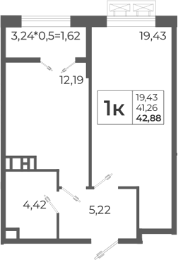 Продается 1-комн. квартира, 43.56 м²