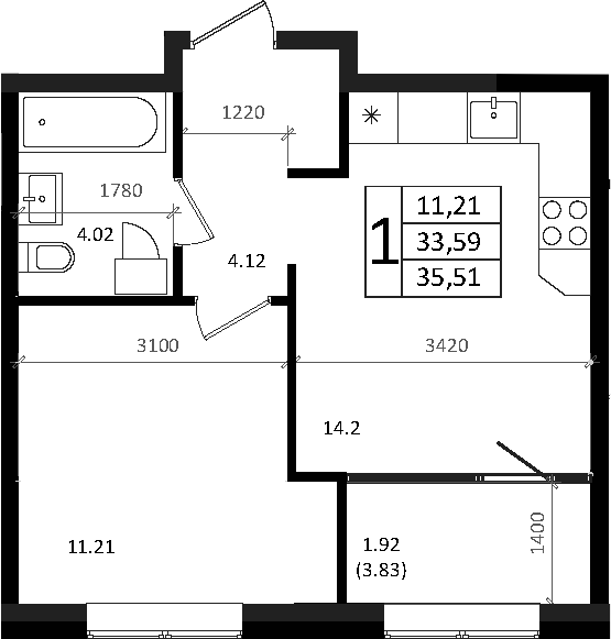 Планировка 33.59 м²