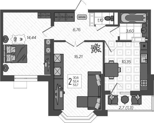 2-комн., 52.3 м²