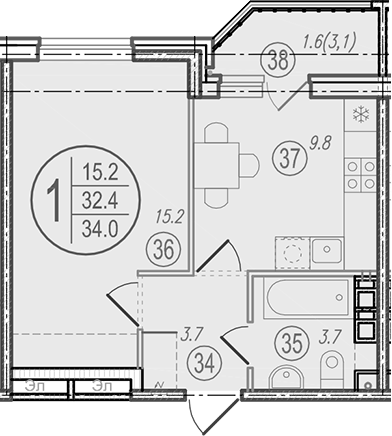 1-комн., 32.4 м²