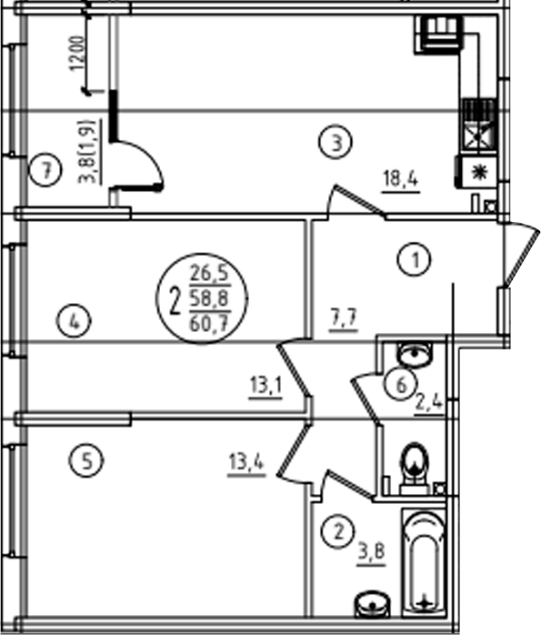 Продается 2-комн. квартира, 58.8 м²