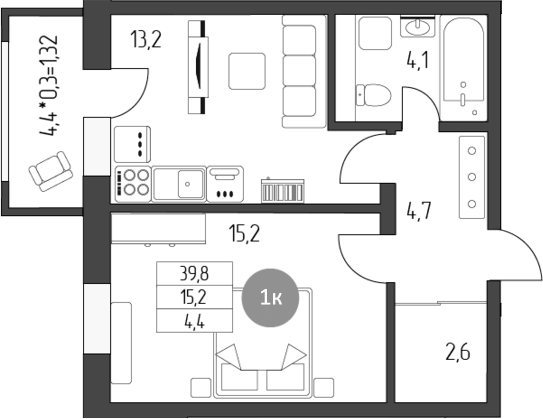 Продается 1-комн. квартира, 39.8 м²