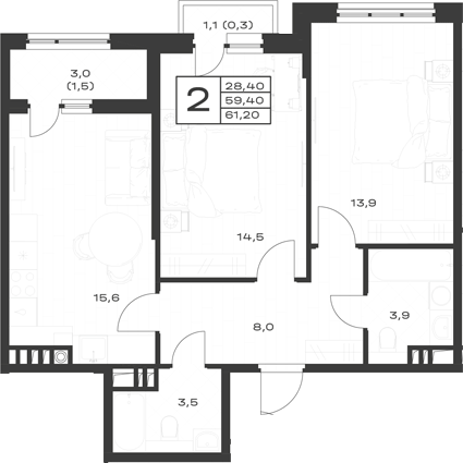 Продается 2-комн. квартира, 59.4 м²