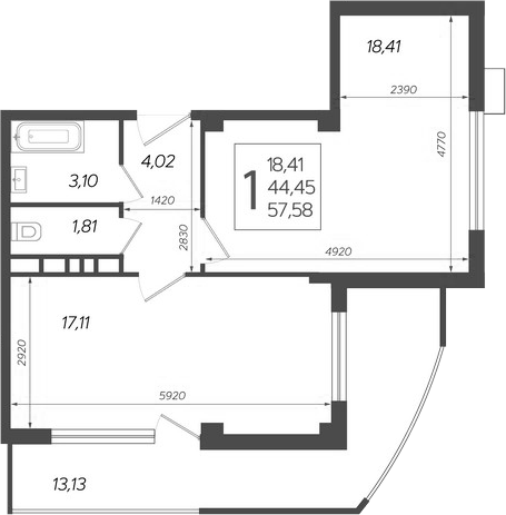 Планировка 44.45 м²