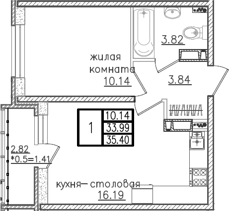 Планировка 33.99 м²