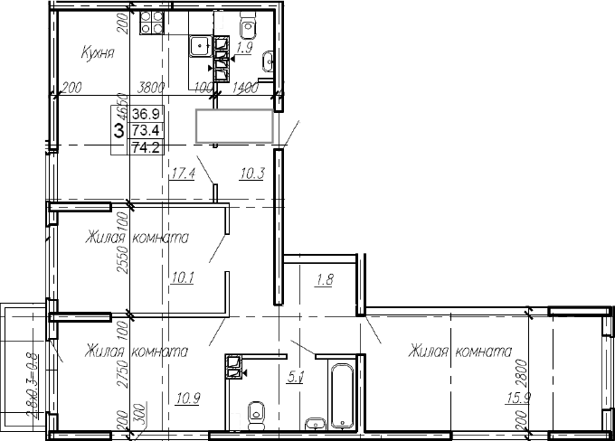 Продается 3-комн. квартира, 73.4 м²